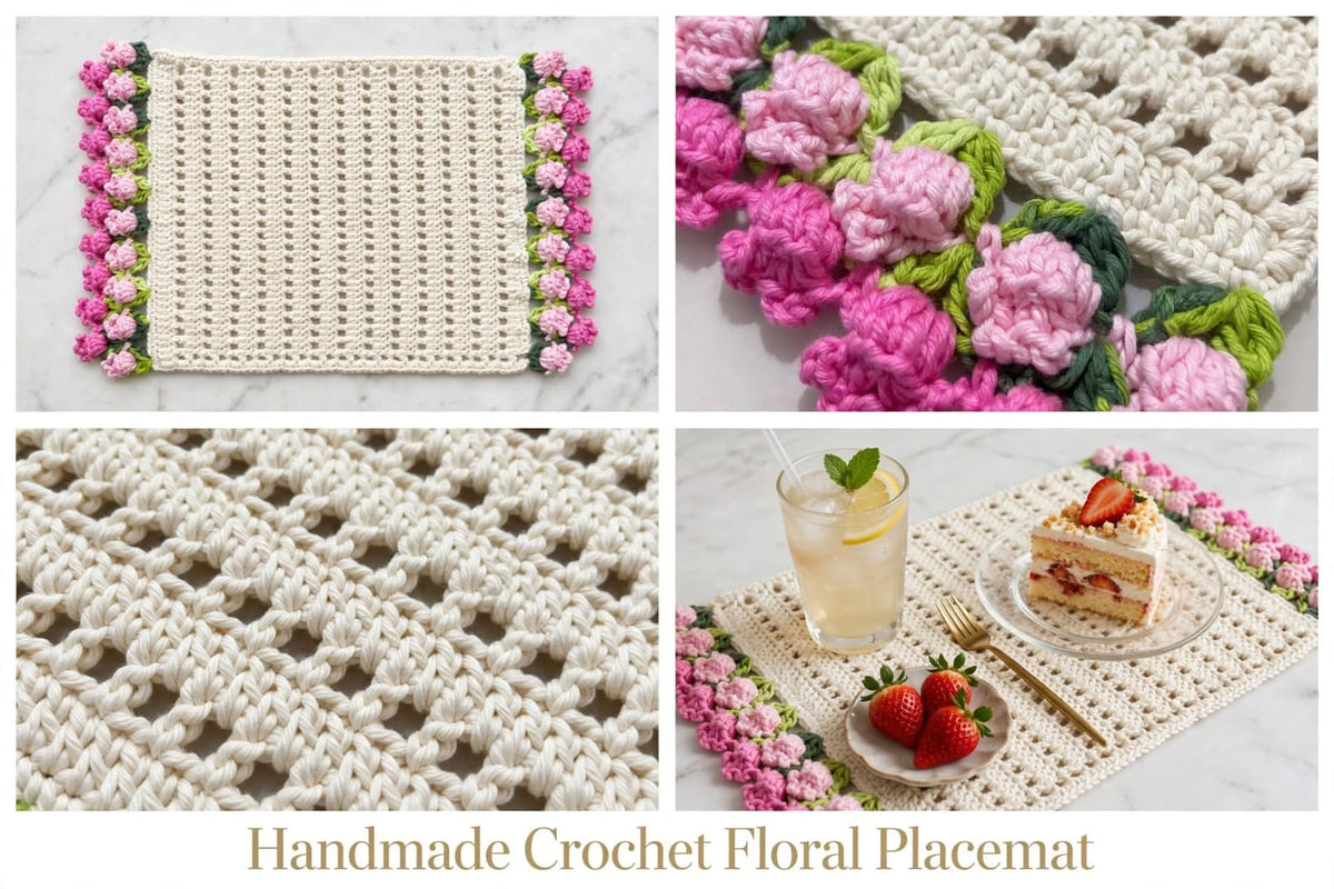Handmade Crochet Square Table Mat – Pink Floral Border for Tea & Serving