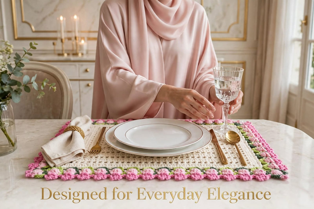 Handmade Crochet Square Table Mat – Pink Floral Border for Tea & Serving