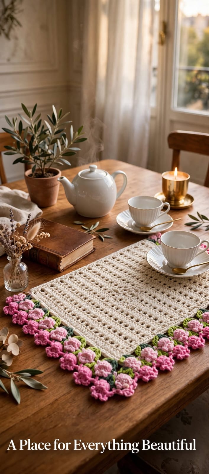 Handmade Crochet Square Table Mat – Pink Floral Border for Tea & Serving