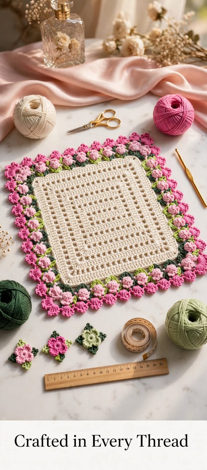 Handmade Crochet Square Table Mat – Pink Floral Border for Tea & Serving