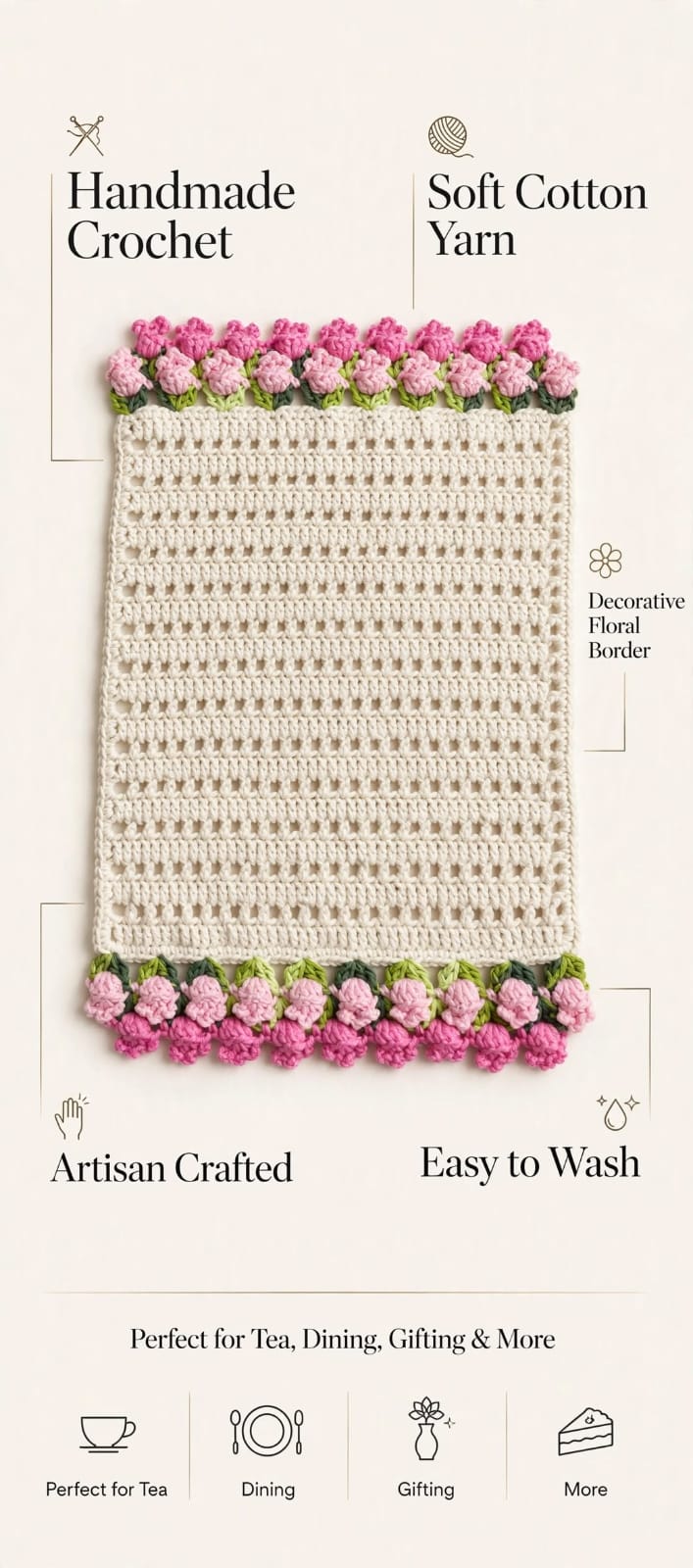 Handmade Crochet Square Table Mat – Pink Floral Border for Tea & Serving