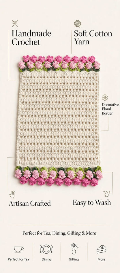 Handmade Crochet Square Table Mat – Pink Floral Border for Tea & Serving