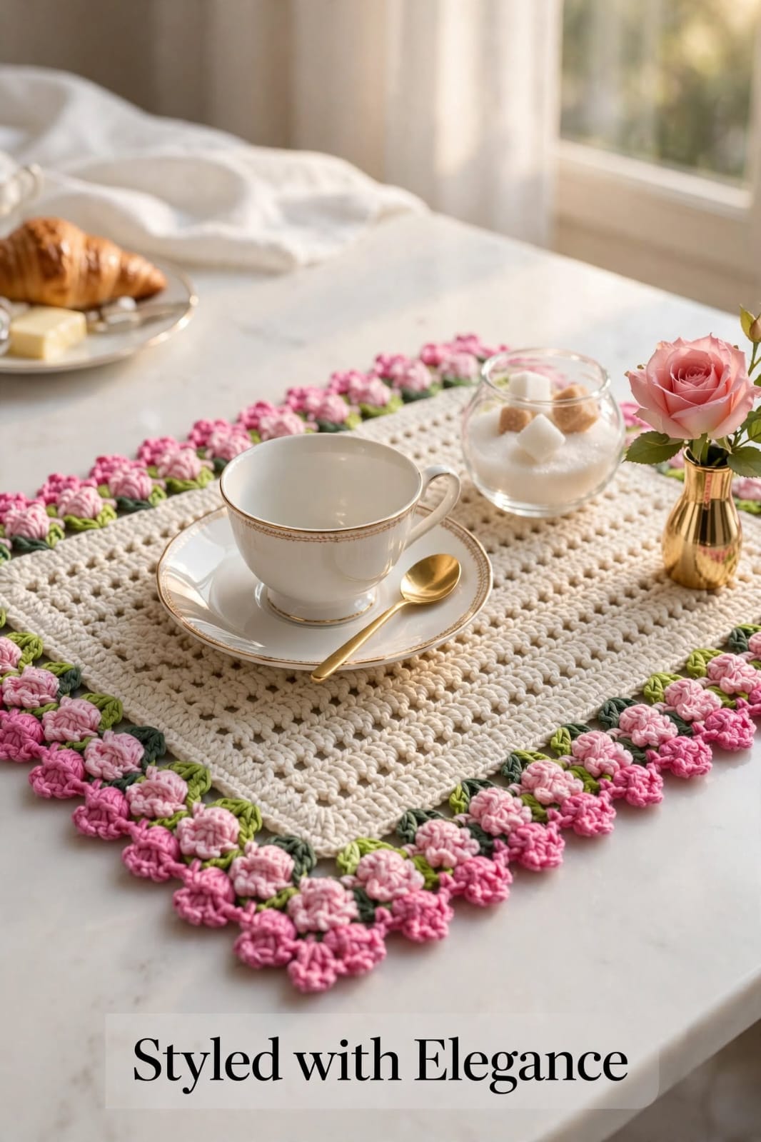 Handmade Crochet Square Table Mat – Pink Floral Border for Tea & Serving