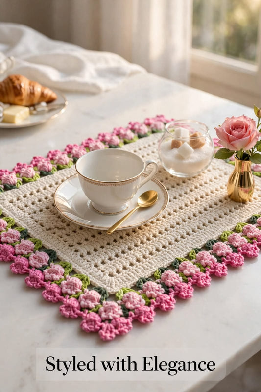 Handmade Crochet Square Table Mat – Pink Floral Border for Tea & Serving