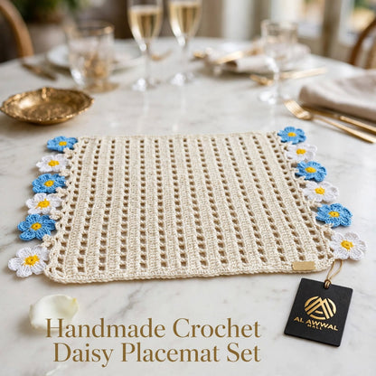 Handmade Crochet Square Table Mat – Blue & White Floral Detail with Yellow Dots