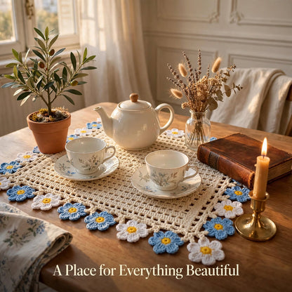 Handmade Crochet Square Table Mat – Blue & White Floral Detail with Yellow Dots