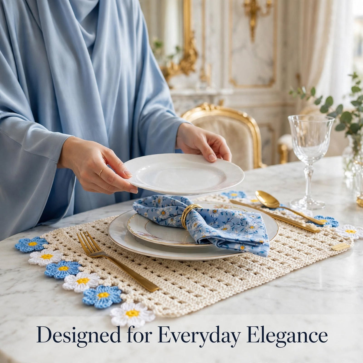Handmade Crochet Square Table Mat – Blue & White Floral Detail with Yellow Dots