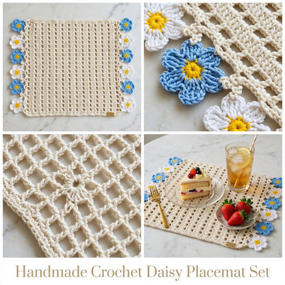 Handmade Crochet Square Table Mat – Blue & White Floral Detail with Yellow Dots