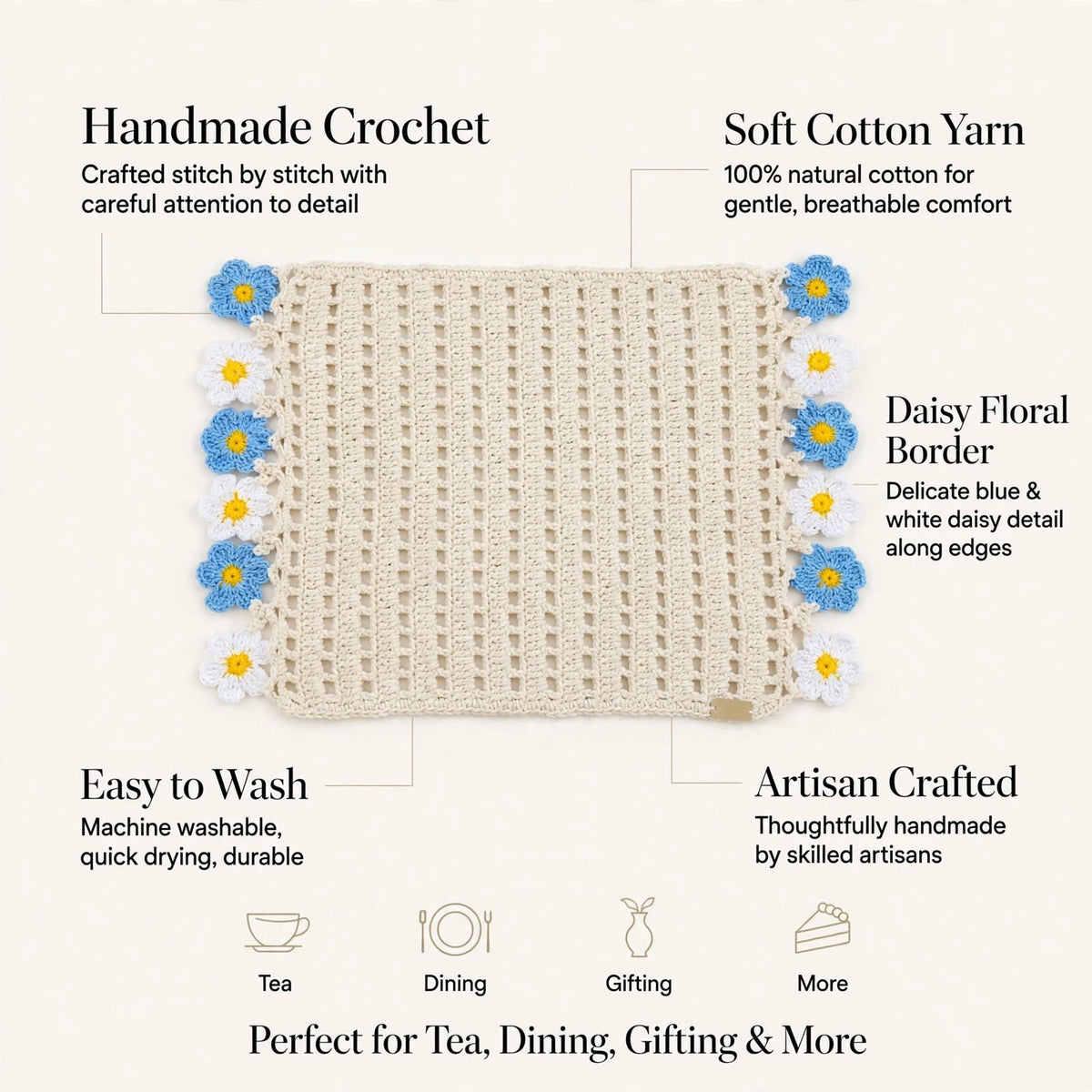 Handmade Crochet Square Table Mat – Blue & White Floral Detail with Yellow Dots