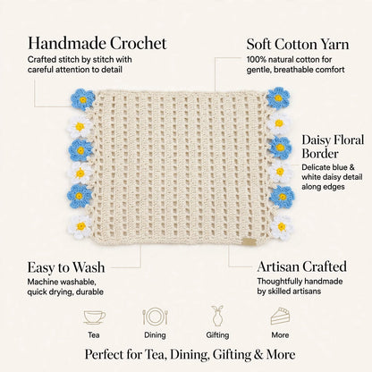 Handmade Crochet Square Table Mat – Blue & White Floral Detail with Yellow Dots