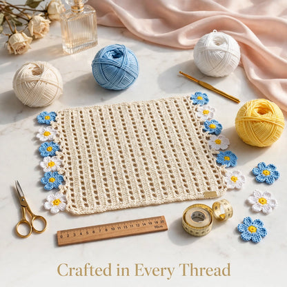 Handmade Crochet Square Table Mat – Blue & White Floral Detail with Yellow Dots