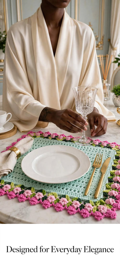 Handmade Crochet Square Table Mat – Pink & Purple Floral Border