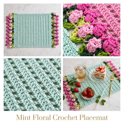 Handmade Crochet Square Table Mat – Pink & Purple Floral Border