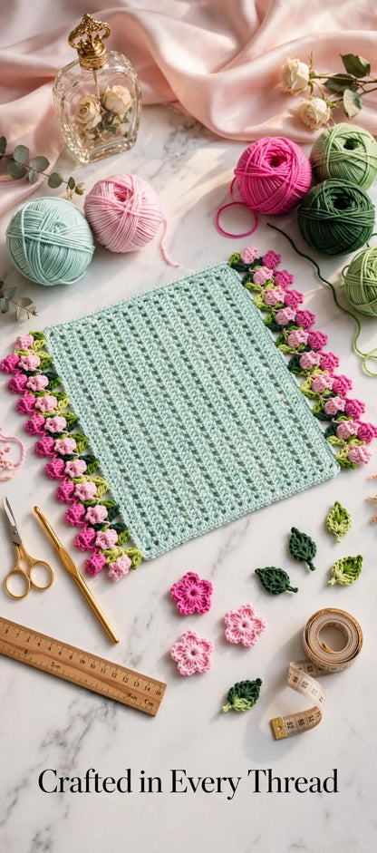 Handmade Crochet Square Table Mat – Pink & Purple Floral Border