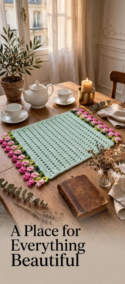 Handmade Crochet Square Table Mat – Pink & Purple Floral Border