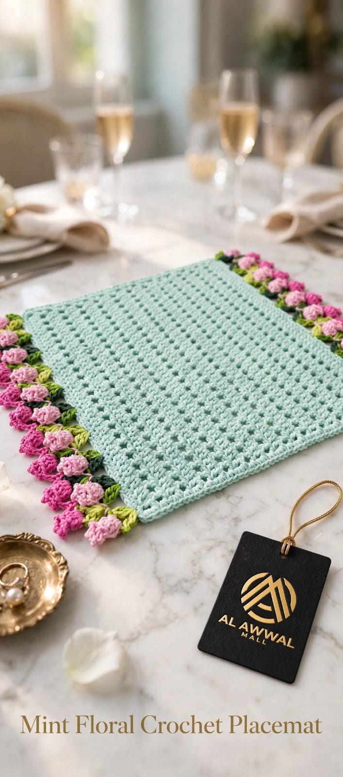 Handmade Crochet Square Table Mat – Pink & Purple Floral Border