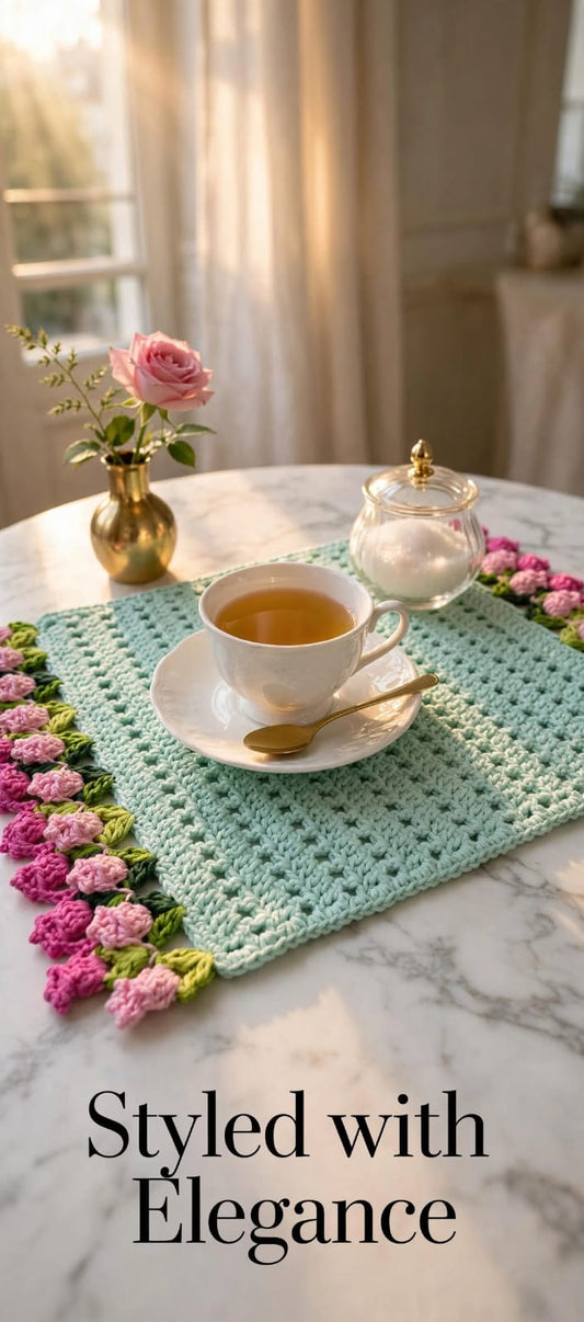 Handmade Crochet Square Table Mat – Pink & Purple Floral Border