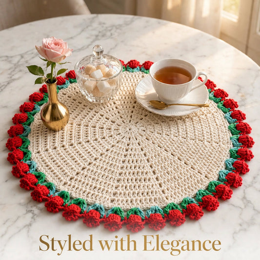 Handmade Crochet Round Table Mat – Red Floral Border with Sky Blue & Green Details