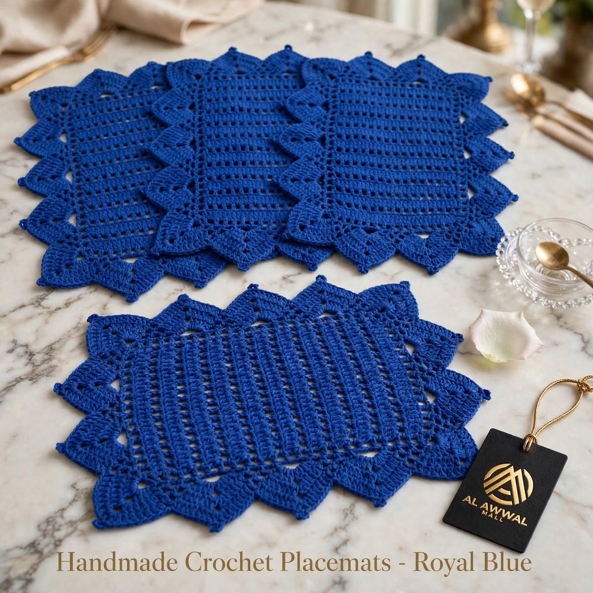 Handmade Crochet Navy Blue Table Mat – Unique Cornered Lace-Style Border