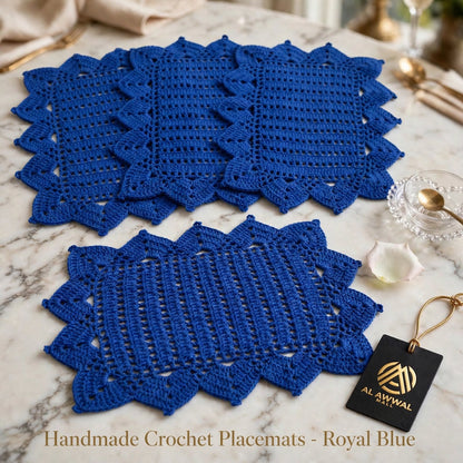 Handmade Crochet Navy Blue Table Mat – Unique Cornered Lace-Style Border