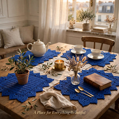 Handmade Crochet Navy Blue Table Mat – Unique Cornered Lace-Style Border