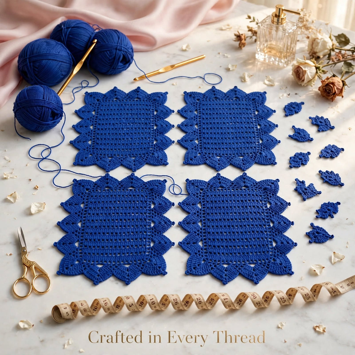Handmade Crochet Navy Blue Table Mat – Unique Cornered Lace-Style Border