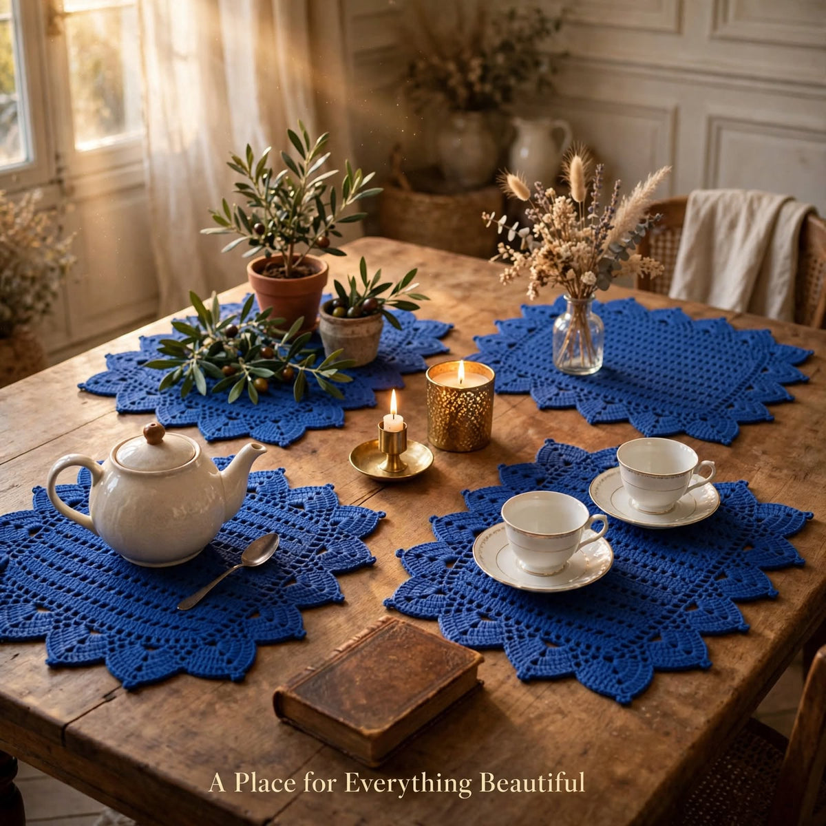 Handmade Crochet Navy Blue Table Mat – Unique Cornered Lace-Style Border
