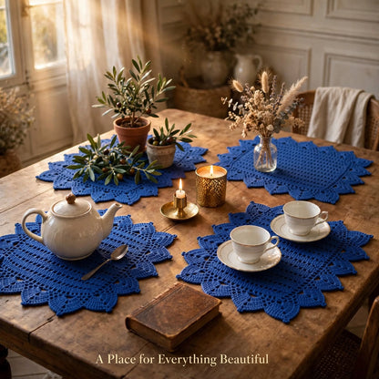 Handmade Crochet Navy Blue Table Mat – Unique Cornered Lace-Style Border