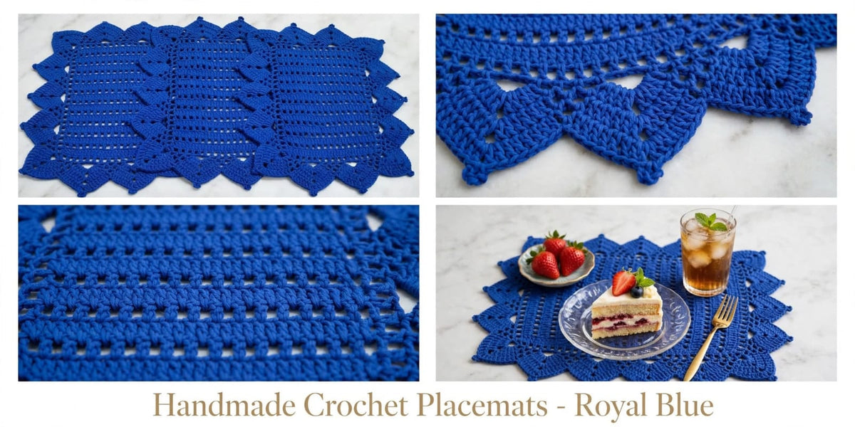 Handmade Crochet Navy Blue Table Mat – Unique Cornered Lace-Style Border