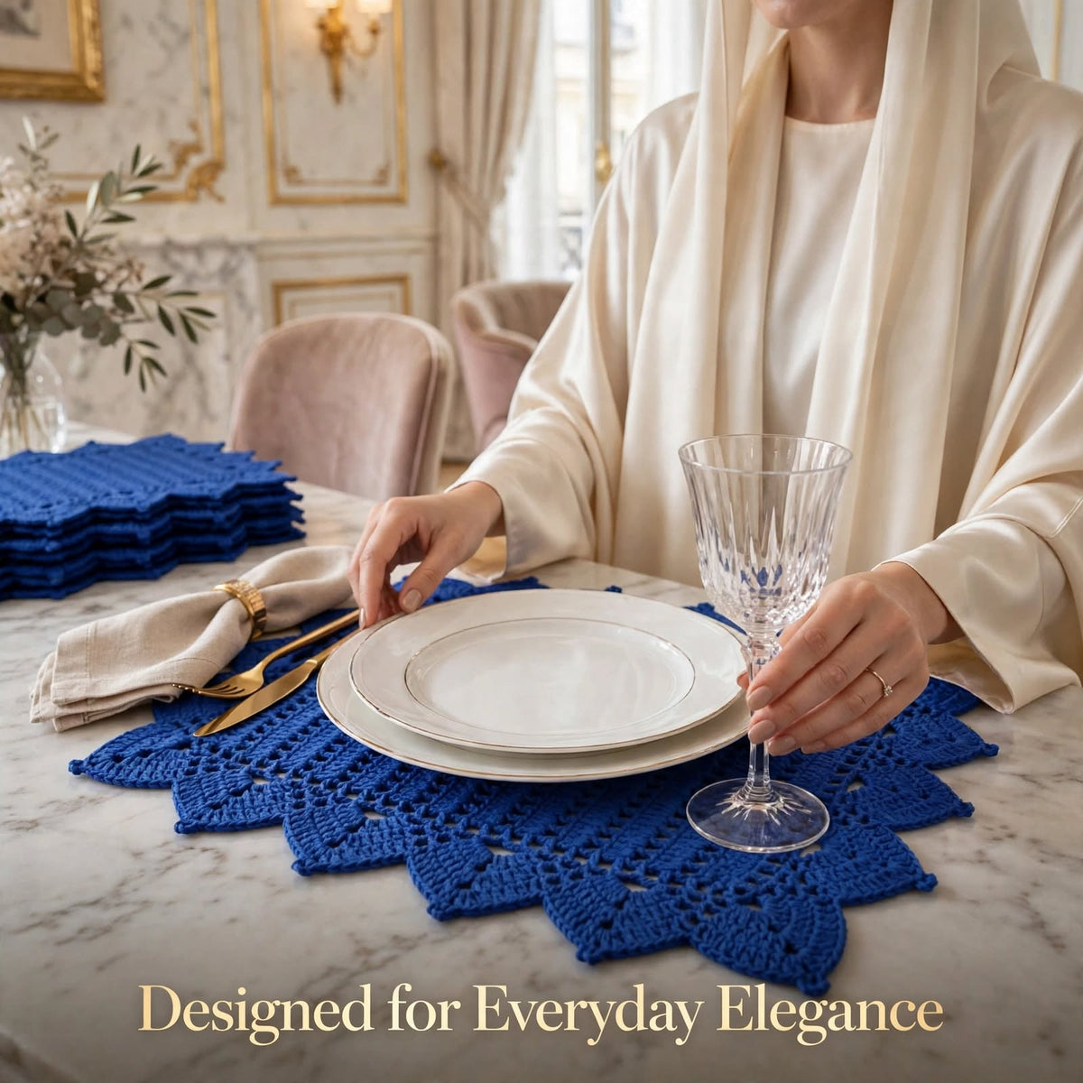 Handmade Crochet Navy Blue Table Mat – Unique Cornered Lace-Style Border