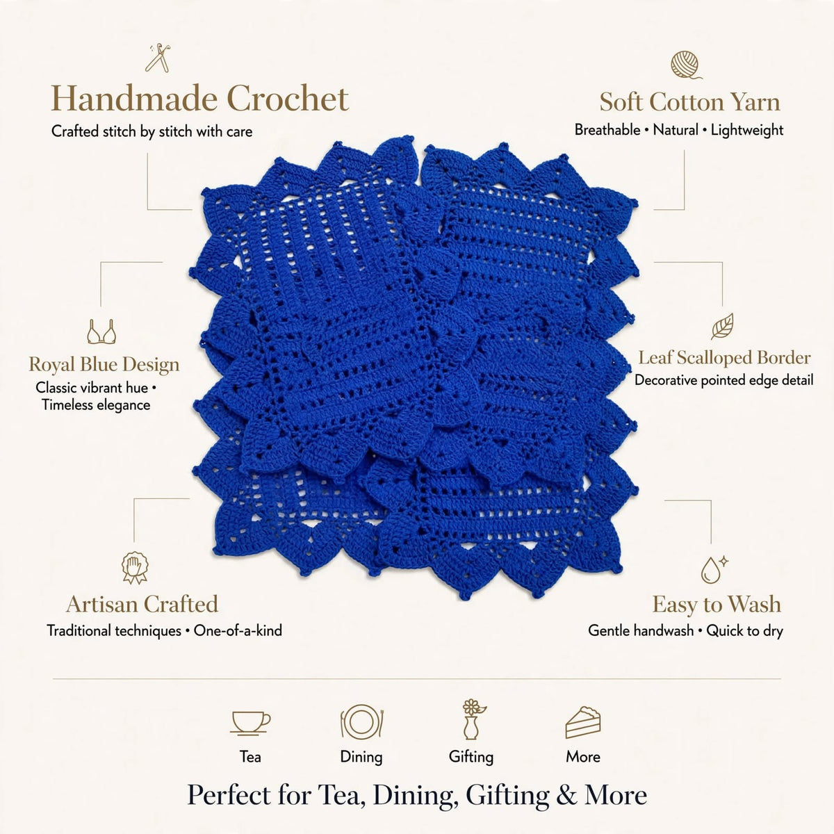 Handmade Crochet Navy Blue Table Mat – Unique Cornered Lace-Style Border