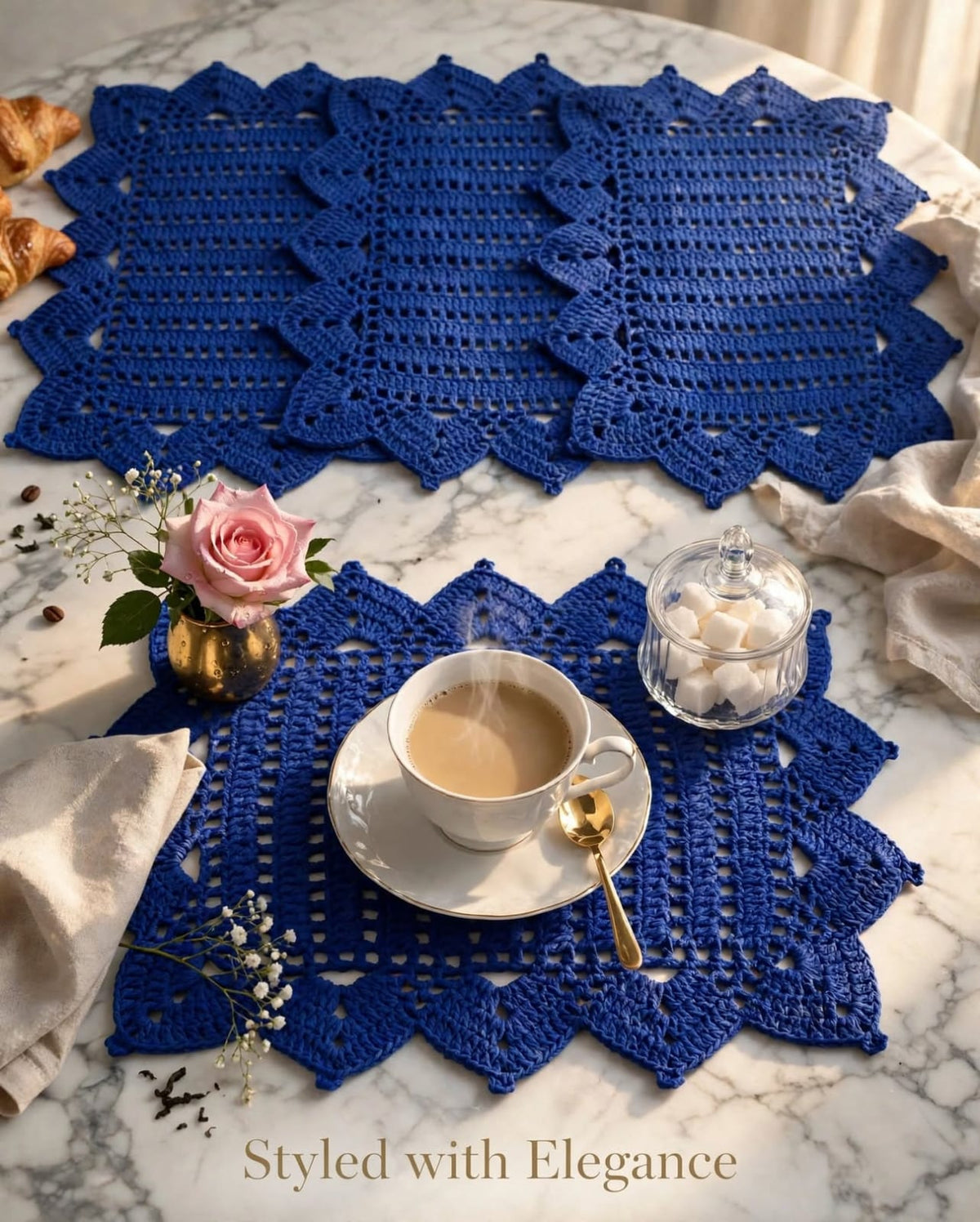 Handmade Crochet Navy Blue Table Mat – Unique Cornered Lace-Style Border