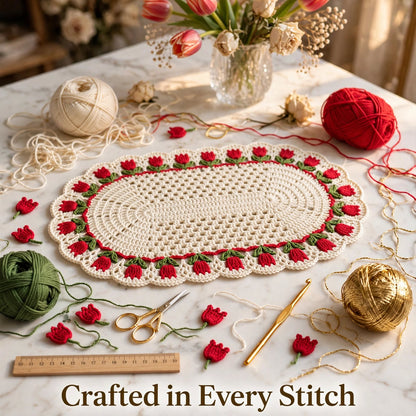 Handmade Crochet Round Cream Table Mat – Red & Cream Floral Border