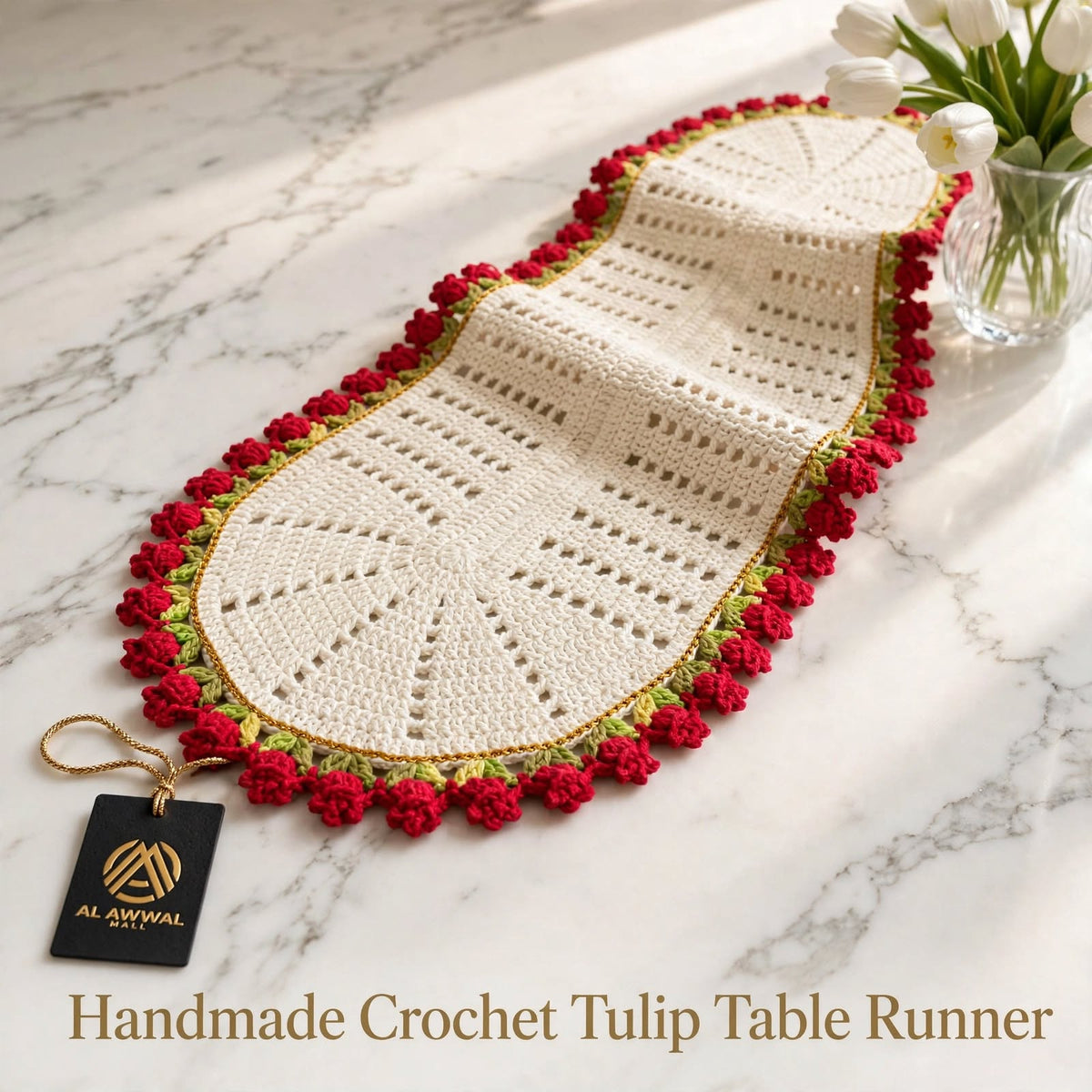 Handmade Crochet Round Cream Table Mat – Red & Cream Floral Border