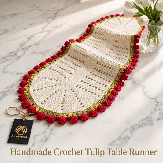 Handmade Crochet Round Cream Table Mat – Red & Cream Floral Border