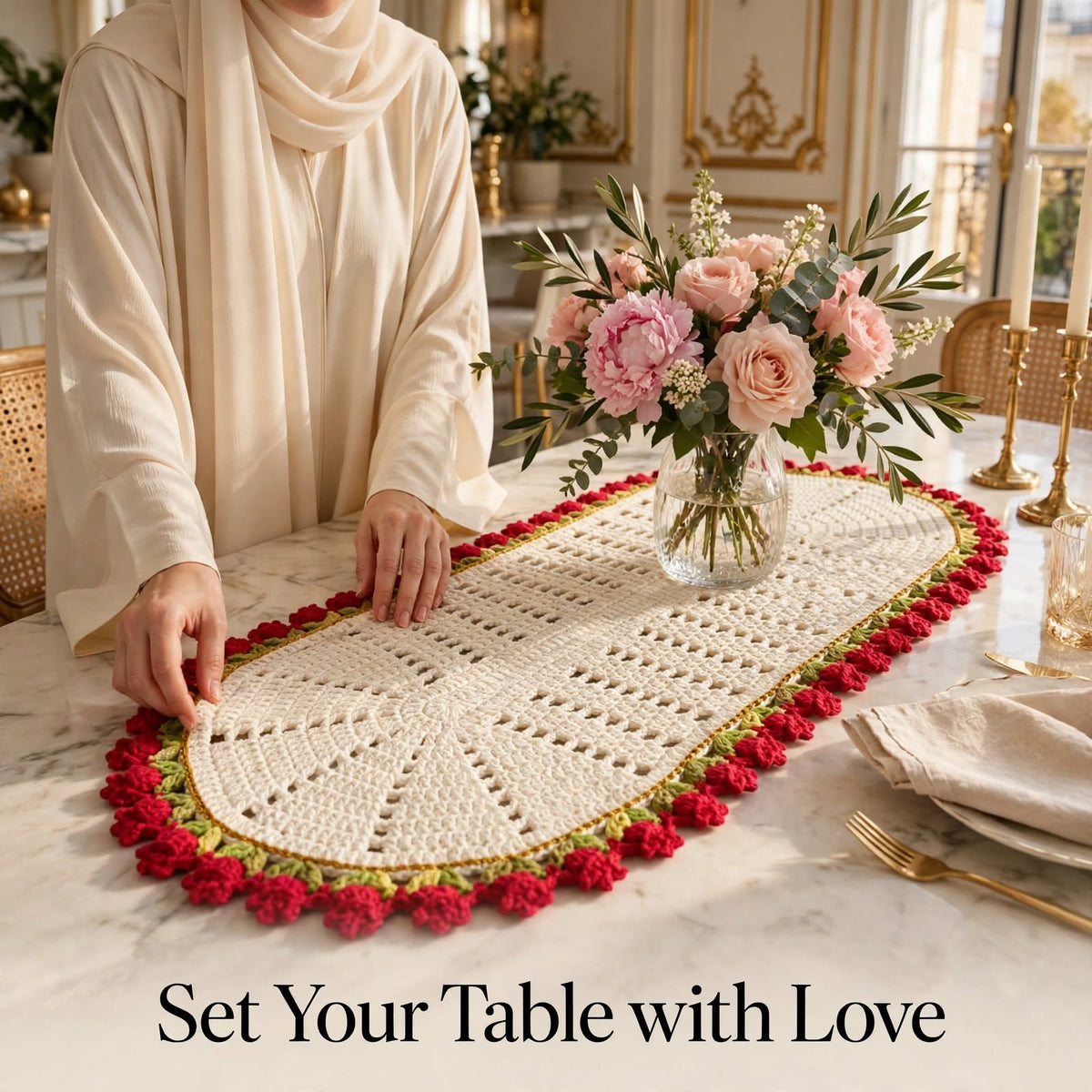Handmade Crochet Round Cream Table Mat – Red & Cream Floral Border
