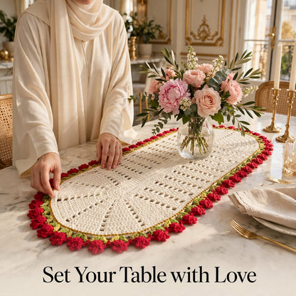 Handmade Crochet Round Cream Table Mat – Red & Cream Floral Border
