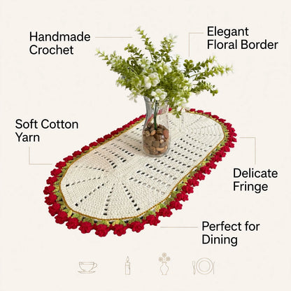 Handmade Crochet Round Cream Table Mat – Red & Cream Floral Border