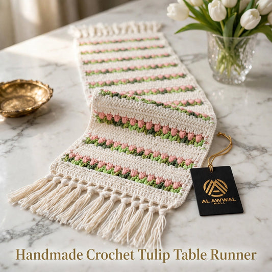 Handmade Crochet Cream Table Runner – Baby Pink & Green Floral Design with Tassels