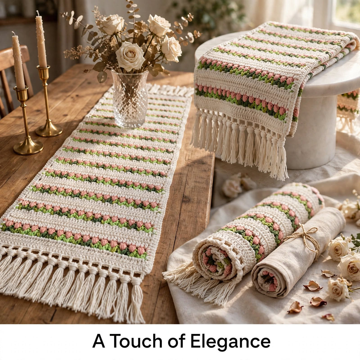 Handmade Crochet Cream Table Runner – Baby Pink & Green Floral Design with Tassels