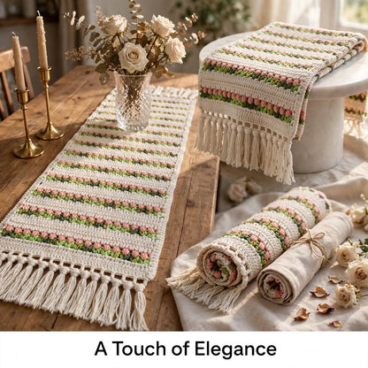 Handmade Crochet Cream Table Runner – Baby Pink & Green Floral Design with Tassels