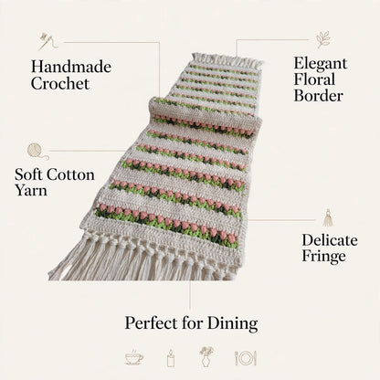 Handmade Crochet Cream Table Runner – Baby Pink & Green Floral Design with Tassels