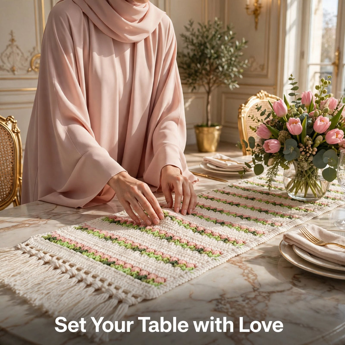 Handmade Crochet Cream Table Runner – Baby Pink & Green Floral Design with Tassels