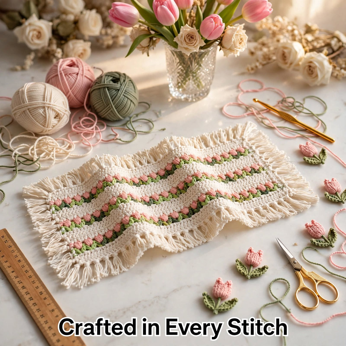 Handmade Crochet Cream Table Runner – Baby Pink & Green Floral Design with Tassels