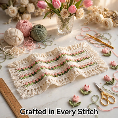 Handmade Crochet Cream Table Runner – Baby Pink & Green Floral Design with Tassels