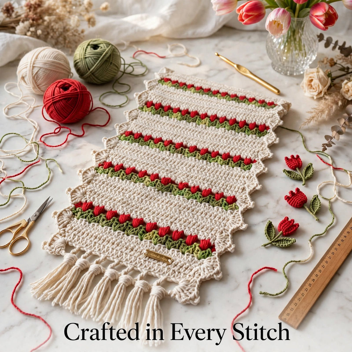 Handmade Crochet Cream Table Runner – Red & Green Floral Design with Tassels