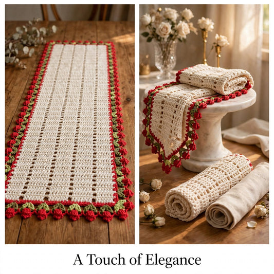 Handmade Crochet Cream Table Runner – Red Floral Border & Elegant Home Decor