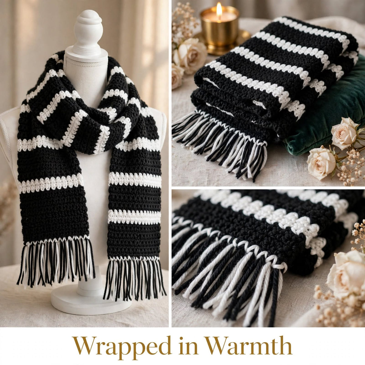 Handmade Crochet Black & White Scarf – Simple & Stylish Winter Wrap