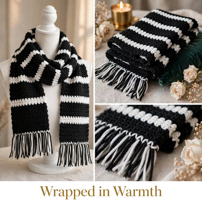 Handmade Crochet Black & White Scarf – Simple & Stylish Winter Wrap