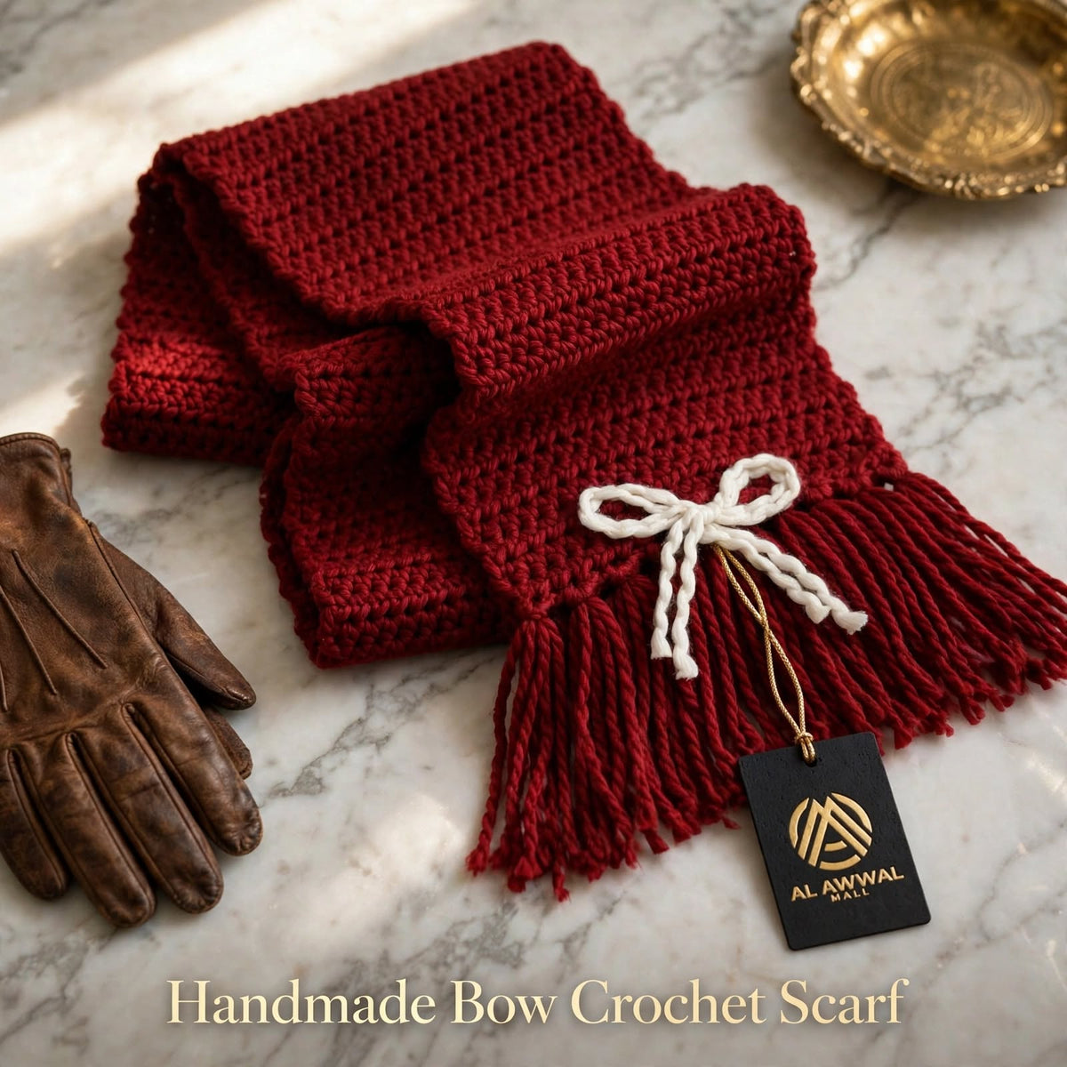 Handmade Crochet Dark Red Scarf – White & Cream Butterfly Border